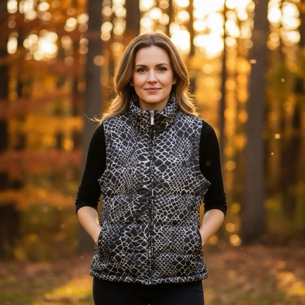 🏷️CLEARANCE! Jane Ashley Black White Snake Puffer Vest Large Quilted Zip Waist